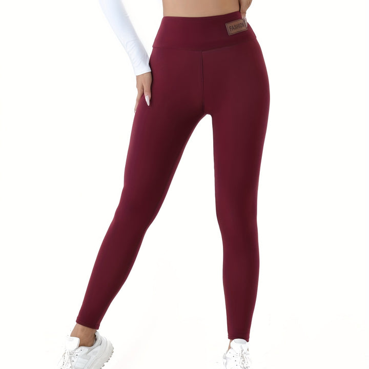 Patched Detail Plush Lined Thermal Pants, High Rise Slim Elastic Tights For Winter, Women's Lingerie & Sleepwear