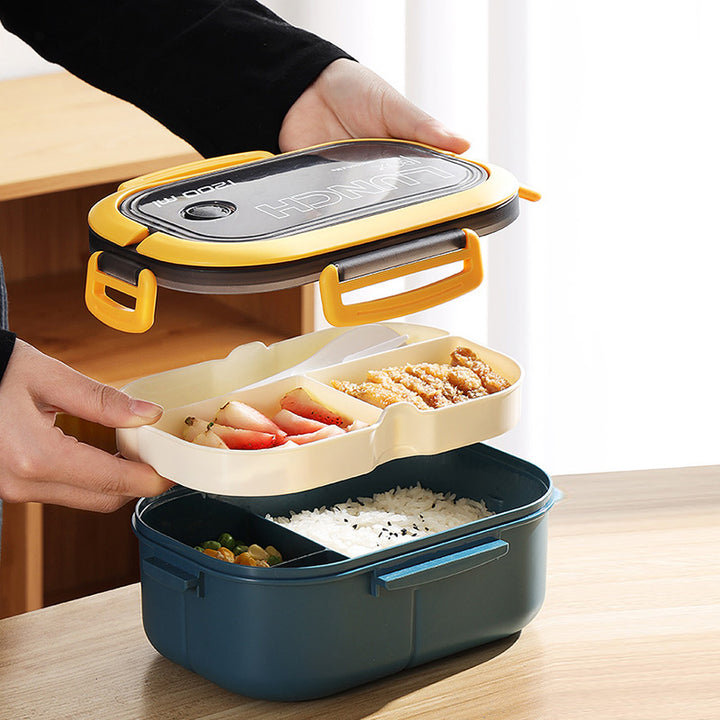 1pc Microwave-Safe Dual-Compartment Lunch Box, Fresh-Keeping Meal Container With Cutlery
