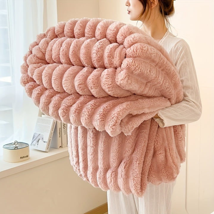 Luxurious Faux Rabbit Fur Double-Sided Throw Blanket - Warm, Soft & Cozy for Naps, Office, Outdoor Camping & Sofa Use - Machine Washable