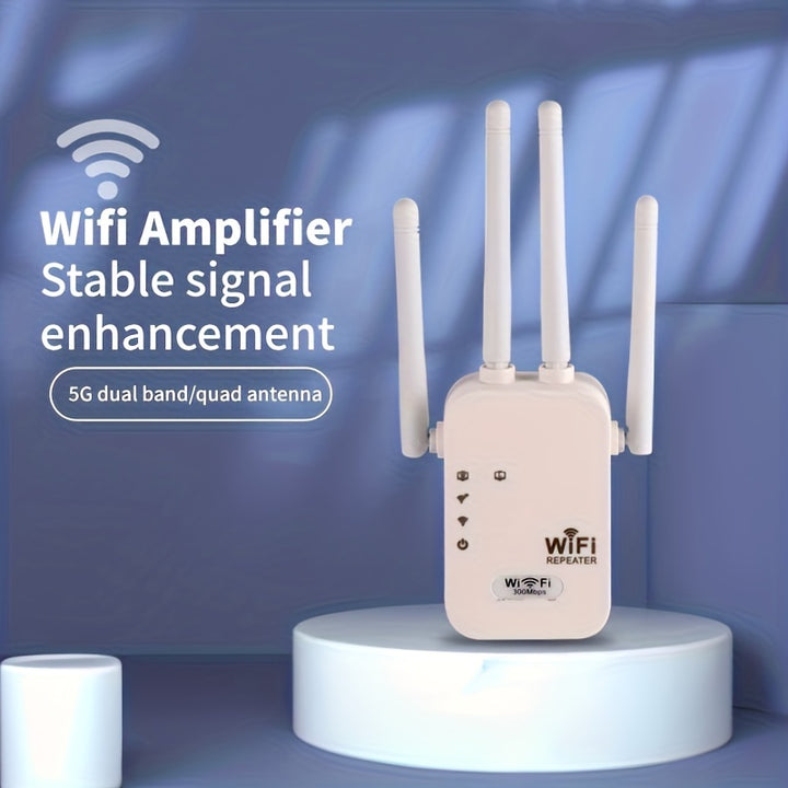 WiFi Extender, Signal Booster, Boost Your Signal to 300Mbps WiFi 2.4 & 5GHz Dual Band (8500 Square Feet), Strong Signal Penetration, Supports 35 Devices, 4 Modes, 1-Tap Setup, 4 Antennas for 360° Coverage, Ethernet Port Supp