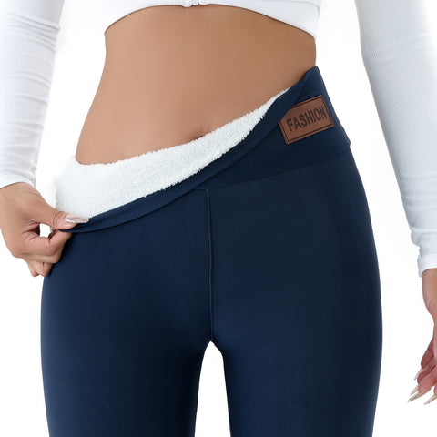 Patched Detail Plush Lined Thermal Pants, High Rise Slim Elastic Tights For Winter, Women's Lingerie & Sleepwear
