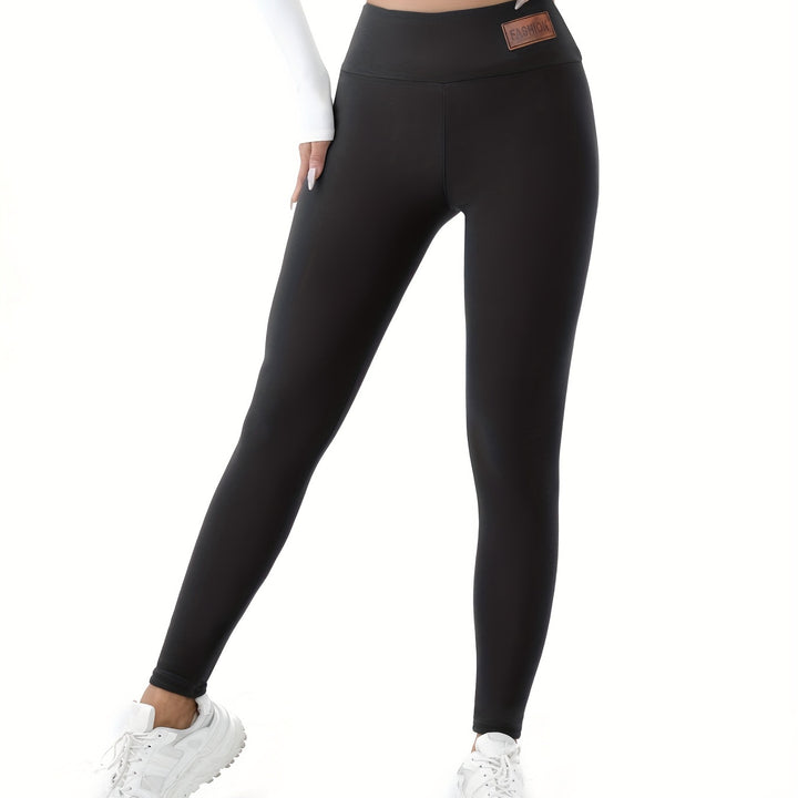 Patched Detail Plush Lined Thermal Pants, High Rise Slim Elastic Tights For Winter, Women's Lingerie & Sleepwear
