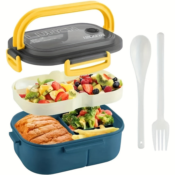 1pc Microwave-Safe Dual-Compartment Lunch Box, Fresh-Keeping Meal Container With Cutlery