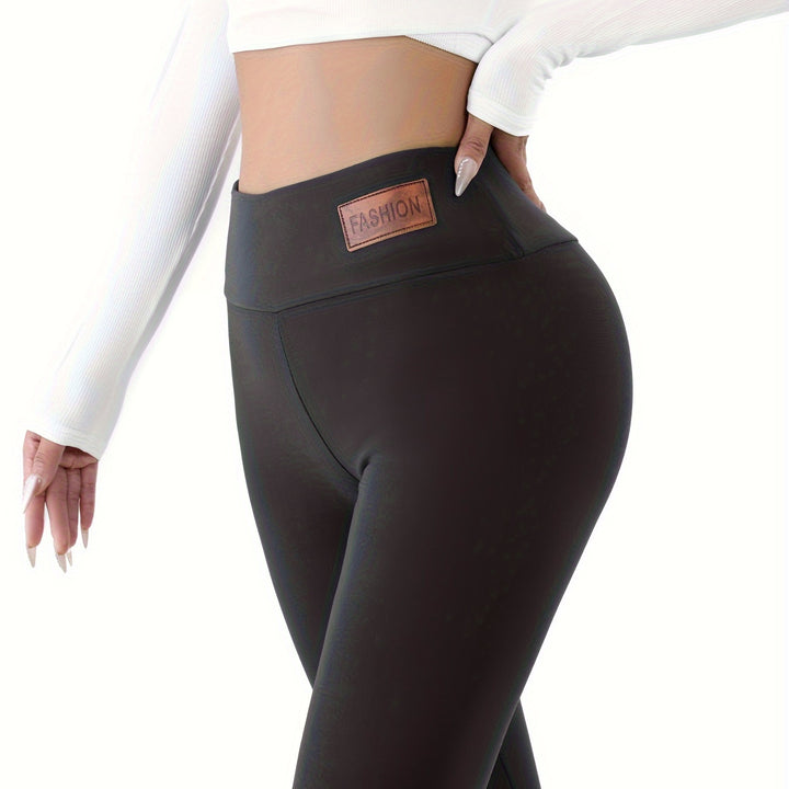Patched Detail Plush Lined Thermal Pants, High Rise Slim Elastic Tights For Winter, Women's Lingerie & Sleepwear
