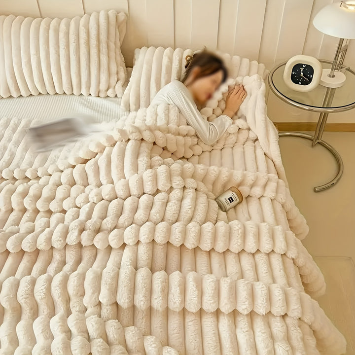 Luxurious Faux Rabbit Fur Double-Sided Throw Blanket - Warm, Soft & Cozy for Naps, Office, Outdoor Camping & Sofa Use - Machine Washable