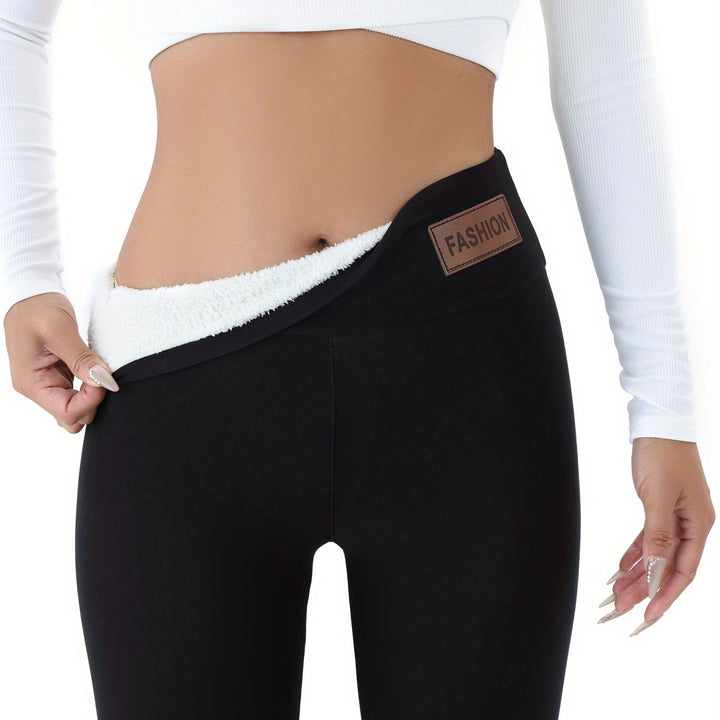 Patched Detail Plush Lined Thermal Pants, High Rise Slim Elastic Tights For Winter, Women's Lingerie & Sleepwear