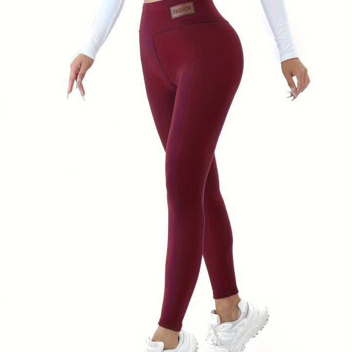 Patched Detail Plush Lined Thermal Pants, High Rise Slim Elastic Tights For Winter, Women's Lingerie & Sleepwear