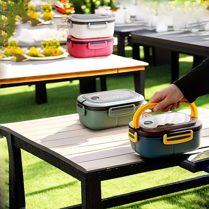 1pc Microwave-Safe Dual-Compartment Lunch Box, Fresh-Keeping Meal Container With Cutlery