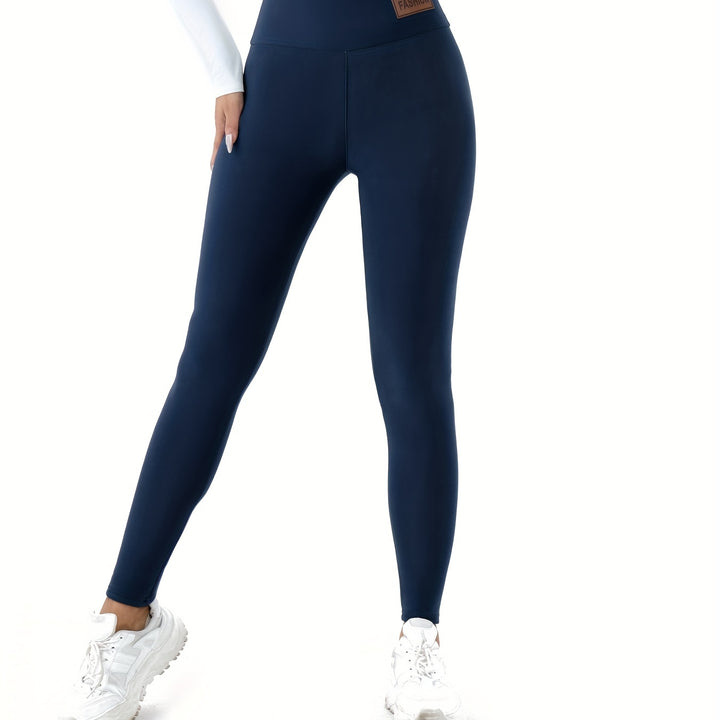 Patched Detail Plush Lined Thermal Pants, High Rise Slim Elastic Tights For Winter, Women's Lingerie & Sleepwear
