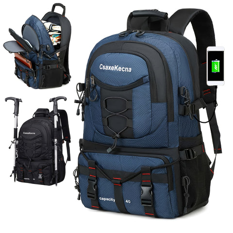 40L Large Capacity Hiking Backpack, Lightweight Travel Camping Bag, Unisex Outdoor Backpack with Laptop Compartment, Adjustable Straps, Zip Closure, Polyester Lining, USB Powered, Solid Color, Black/Orange/Grey/Blue