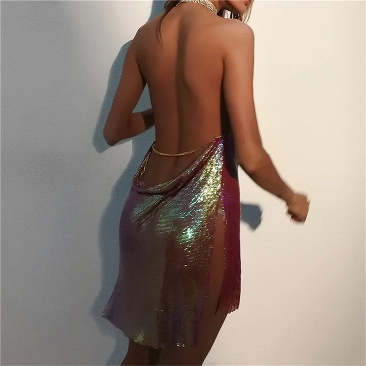Sexy see through Chain Sequin summer dress women backless mini birthday party dress night club outfits evening dresses vestidos