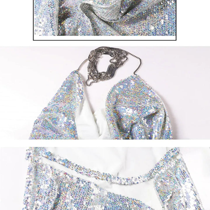 Missord Mini Sequin Night Club Dresses Sexy Women Deep-V Halter Split Backless Metal Reflective Spaghetti Strap Gold Dress