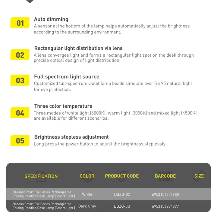 Baseus LED Desk Lamp Eye Protection Study Dimmable Office Light Foldable Table Lamp Smart Adaptive Brightness Bedside Read Lamp