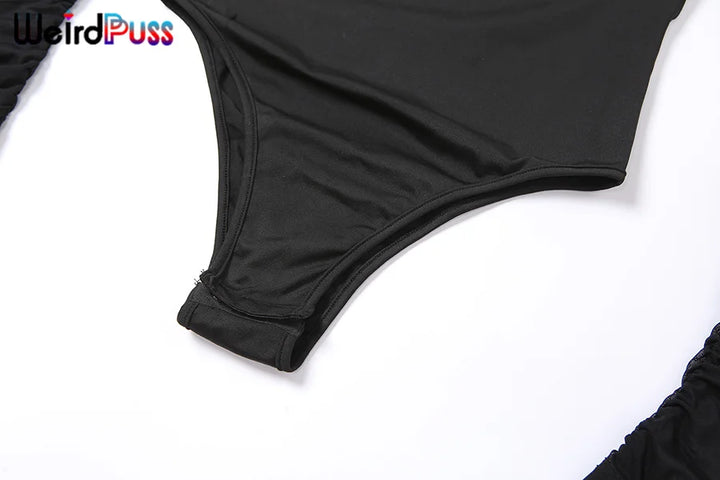 Weird Puss 2025 Mesh Patchwork Bodysuit Sexy Women Sleeve Ruched Skinny Turtleneck Bodycon Elegant Wild Tops Streetwear Outfits