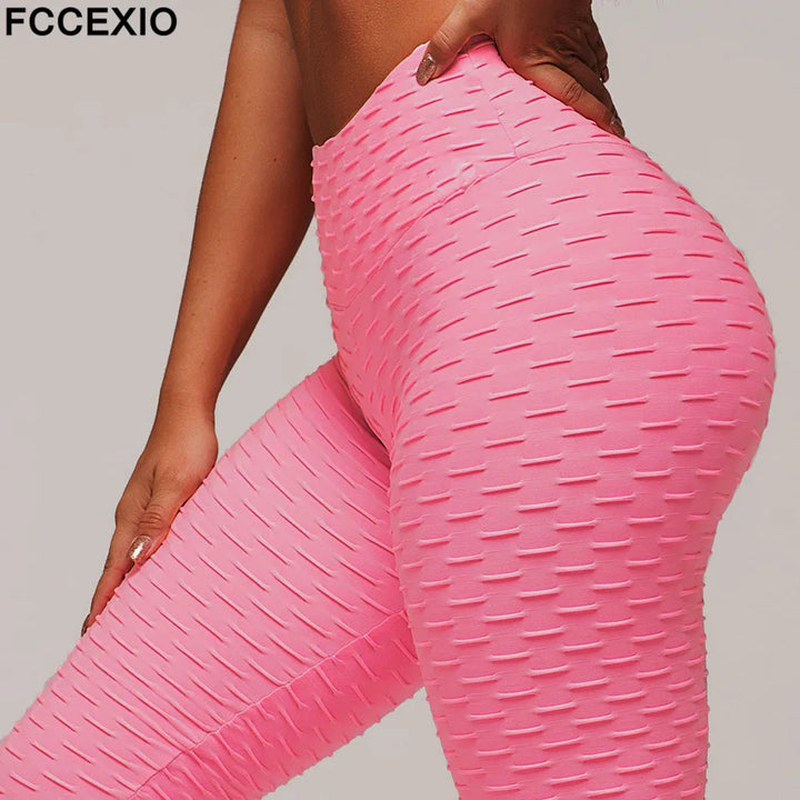 FCCEXIO 9 Colors New Fashion Jacquard High Waist Leggings Hot Sale Women Fitness Leggings PUSH UP Workout Booty Pants S-3XL