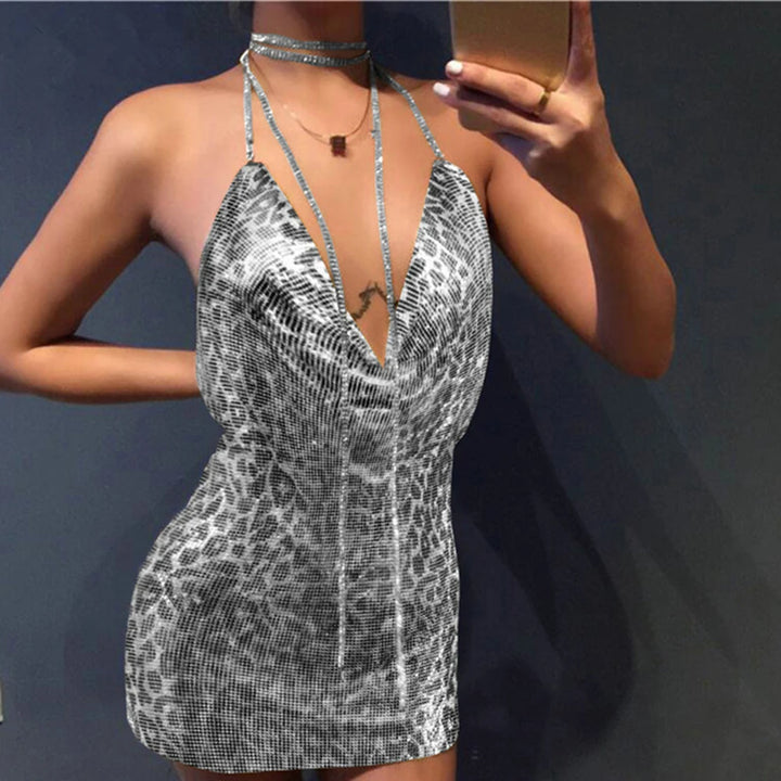 Sexy see through Chain Sequin summer dress women backless mini birthday party dress night club outfits evening dresses vestidos