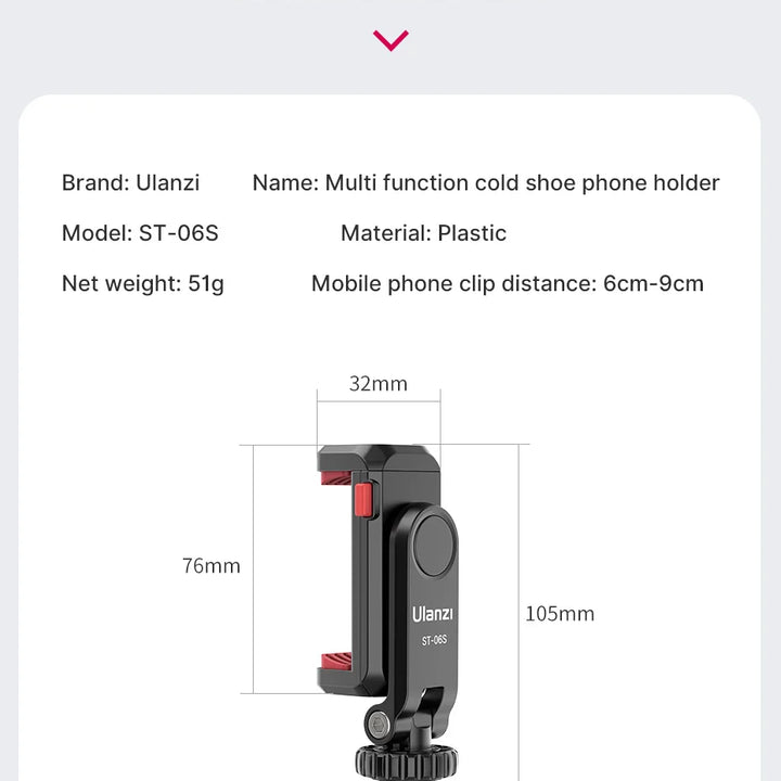 Ulanzi ST-06S Vertical Phone Mount Holder Tripod With Cold Shoe For Mic Light Phone Clip For iPhone 12 Vlog Holder Smartphone