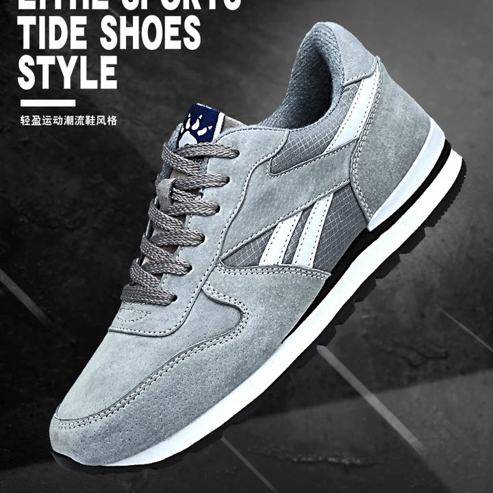 Autumn Men Sneakers Natural Pig Skin Material Male Trainers Outdoor Stylish Shoes Lace-up Flats Non-slip Rubber Sole Blue Grey