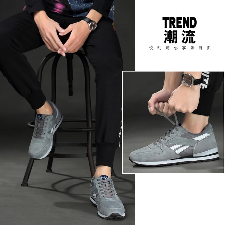 Autumn Men Sneakers Natural Pig Skin Material Male Trainers Outdoor Stylish Shoes Lace-up Flats Non-slip Rubber Sole Blue Grey