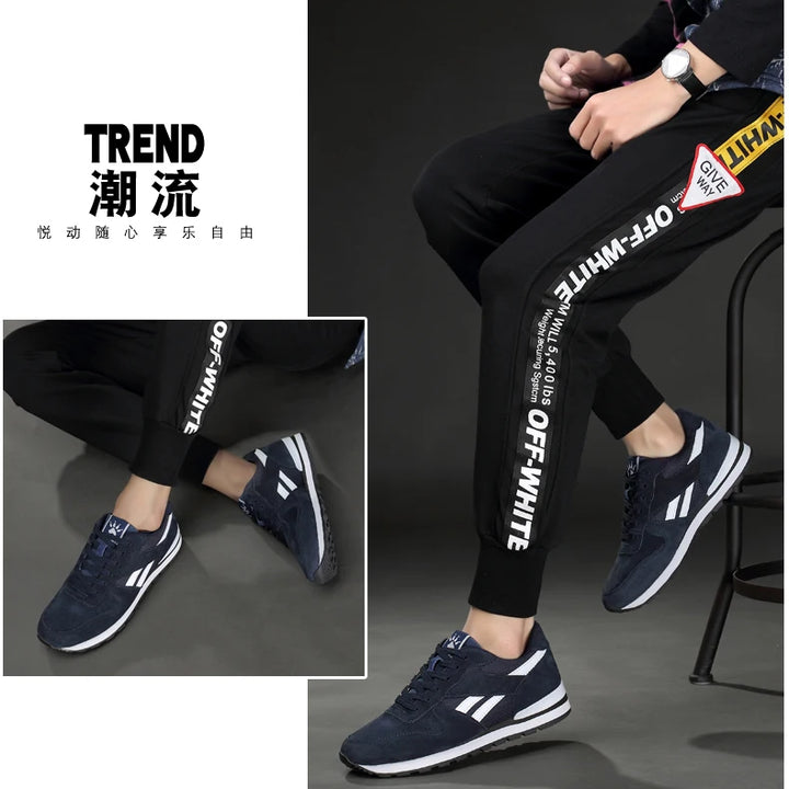 Autumn Men Sneakers Natural Pig Skin Material Male Trainers Outdoor Stylish Shoes Lace-up Flats Non-slip Rubber Sole Blue Grey