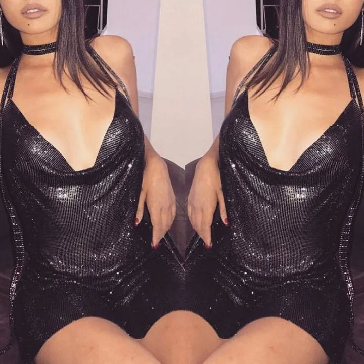 Sexy see through Chain Sequin summer dress women backless mini birthday party dress night club outfits evening dresses vestidos