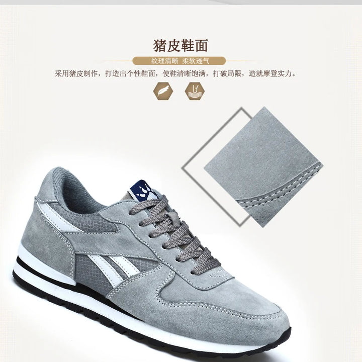 Autumn Men Sneakers Natural Pig Skin Material Male Trainers Outdoor Stylish Shoes Lace-up Flats Non-slip Rubber Sole Blue Grey