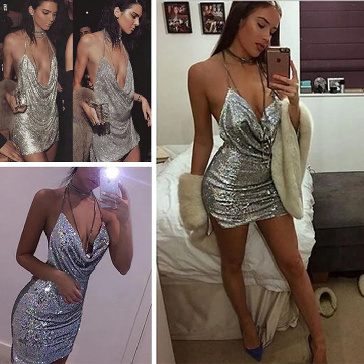 Missord Mini Sequin Night Club Dresses Sexy Women Deep-V Halter Split Backless Metal Reflective Spaghetti Strap Gold Dress