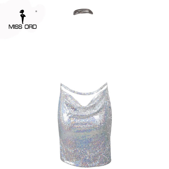 Missord Mini Sequin Night Club Dresses Sexy Women Deep-V Halter Split Backless Metal Reflective Spaghetti Strap Gold Dress
