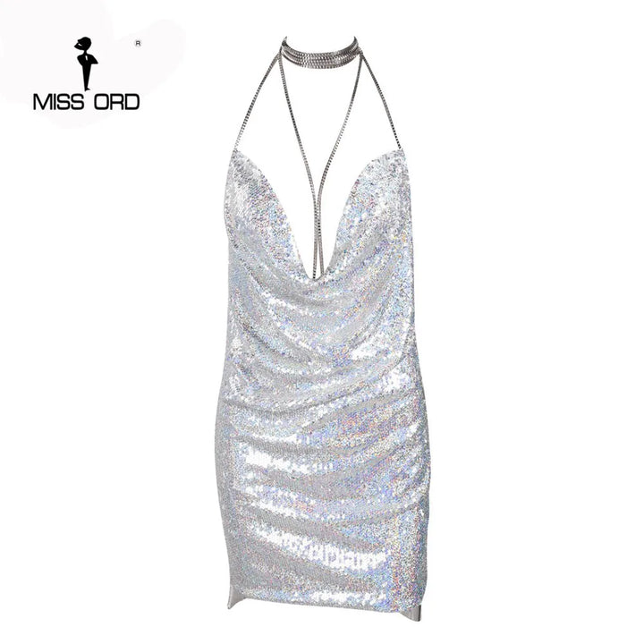 Missord Mini Sequin Night Club Dresses Sexy Women Deep-V Halter Split Backless Metal Reflective Spaghetti Strap Gold Dress