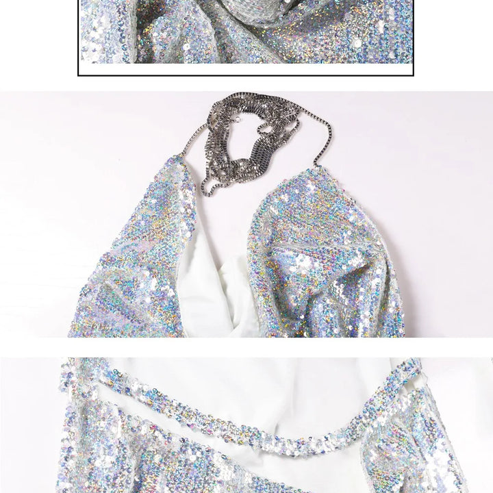 Missord Mini Sequin Night Club Dresses Sexy Women Deep-V Halter Split Backless Metal Reflective Spaghetti Strap Gold Dress