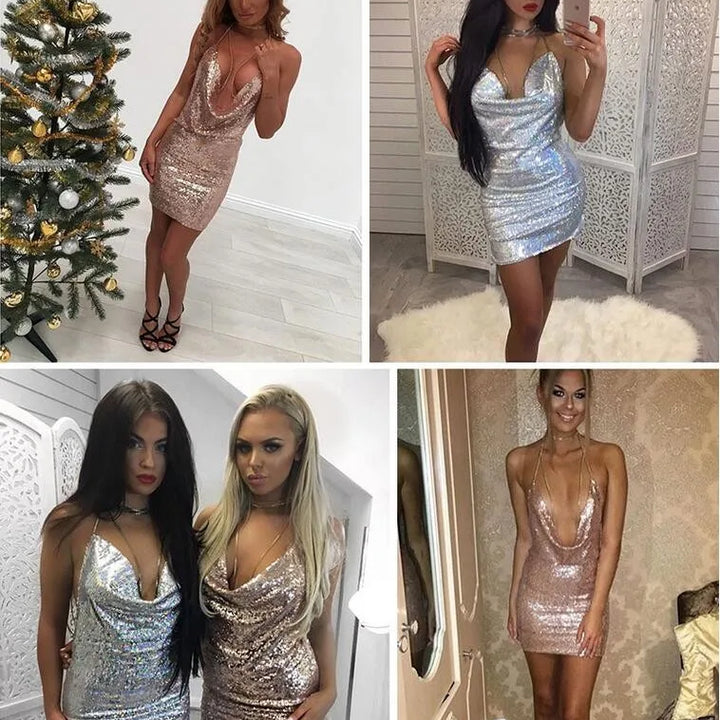 Missord Mini Sequin Night Club Dresses Sexy Women Deep-V Halter Split Backless Metal Reflective Spaghetti Strap Gold Dress