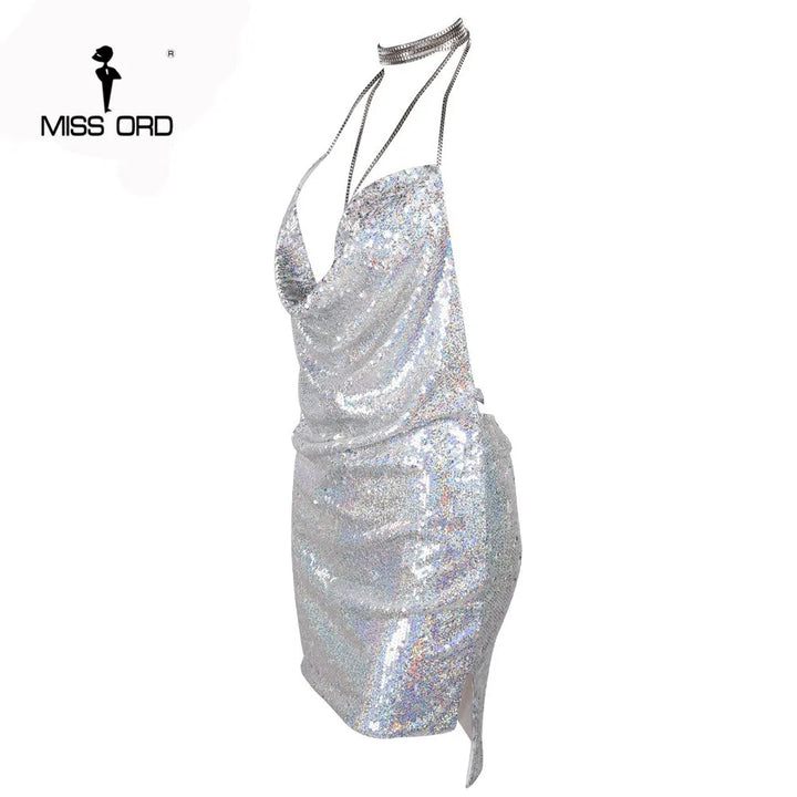 Missord Mini Sequin Night Club Dresses Sexy Women Deep-V Halter Split Backless Metal Reflective Spaghetti Strap Gold Dress
