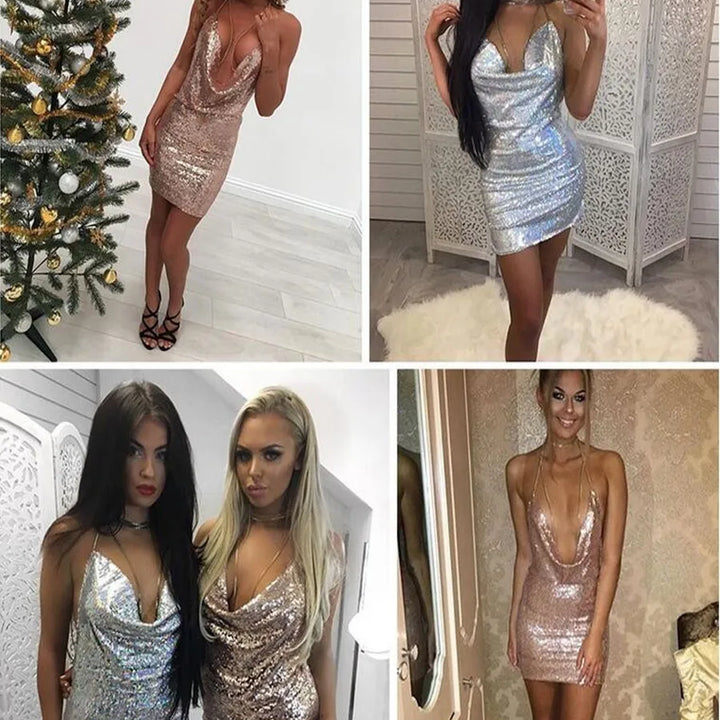 Missord Mini Sequin Night Club Dresses Sexy Women Deep-V Halter Split Backless Metal Reflective Spaghetti Strap Gold Dress