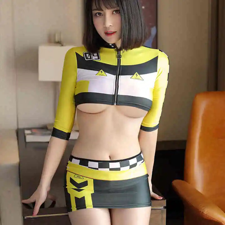 Sexy Lingerie Passionate Anime Speed Racing Uniform Five-Point Sleeves Stand-Up Collar Zipper Contrast Stitching Skirt COS Suit