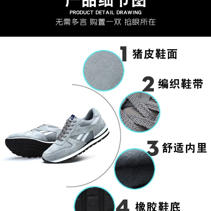 Autumn Men Sneakers Natural Pig Skin Material Male Trainers Outdoor Stylish Shoes Lace-up Flats Non-slip Rubber Sole Blue Grey