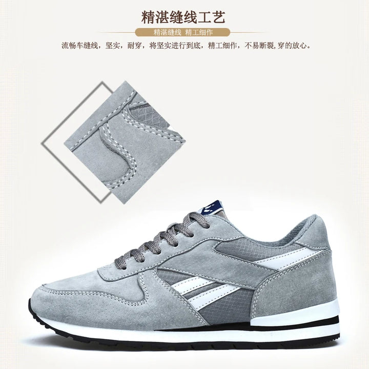 Autumn Men Sneakers Natural Pig Skin Material Male Trainers Outdoor Stylish Shoes Lace-up Flats Non-slip Rubber Sole Blue Grey