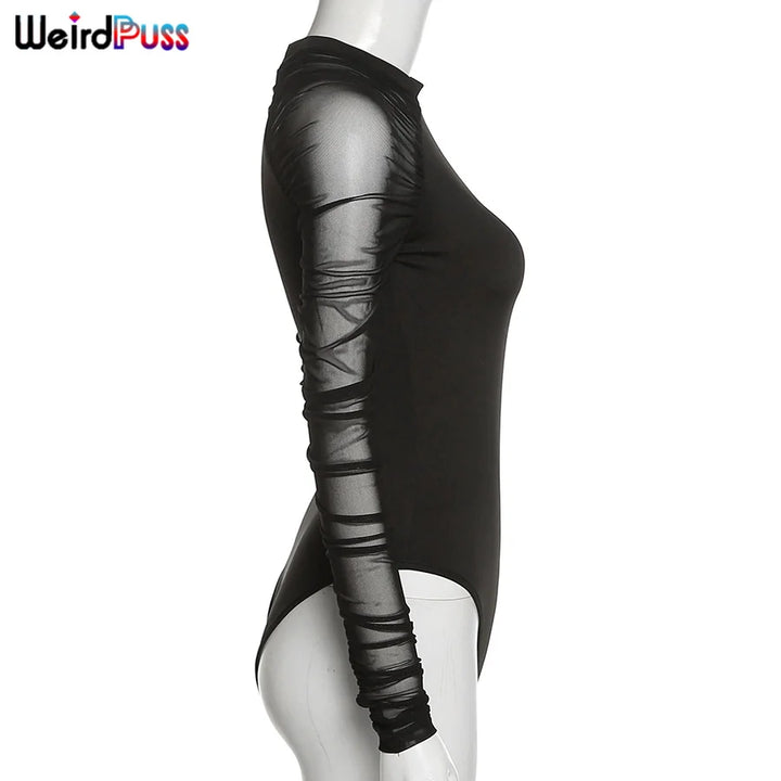 Weird Puss 2025 Mesh Patchwork Bodysuit Sexy Women Sleeve Ruched Skinny Turtleneck Bodycon Elegant Wild Tops Streetwear Outfits