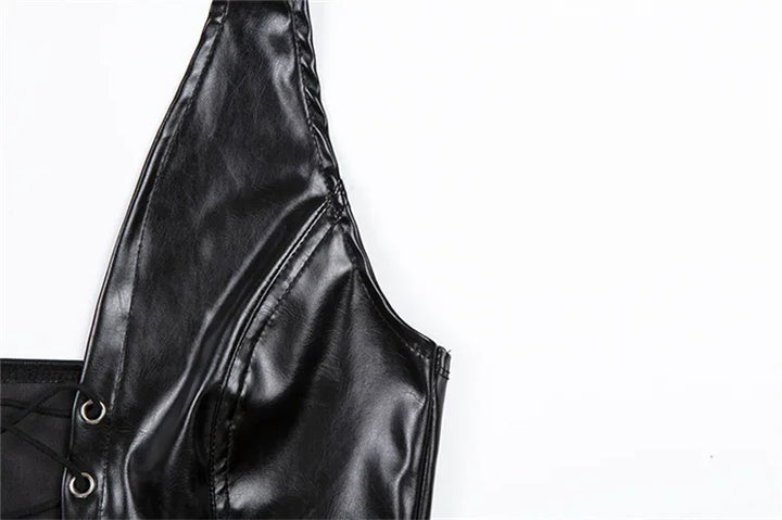 Sexy Crop Top Inside Women Black PU Leather Rope Strap Hollow Out Punk Style Tank Tops Vest Fashion Backless Club Party Wear