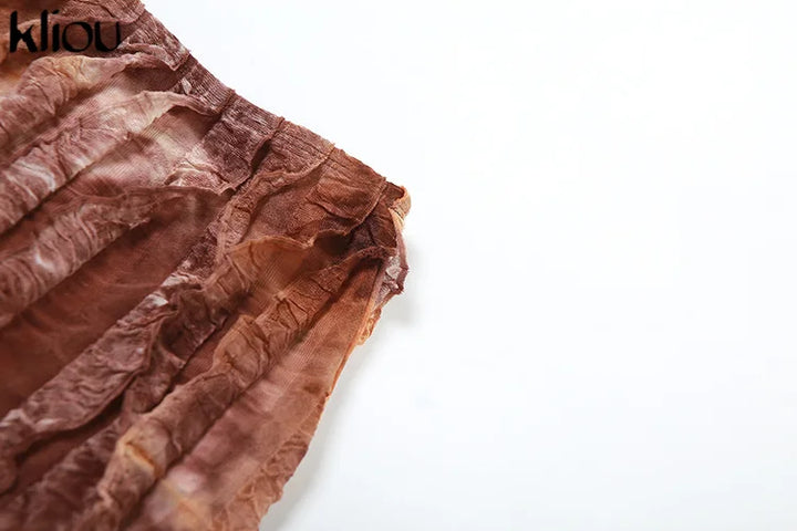 kliou Stacked Ruched 2 Piece Set Women Solid Halter Bandage Irregulary Camis+Tie Dye Vintage Mini Skirts Female Sexy Attirewear