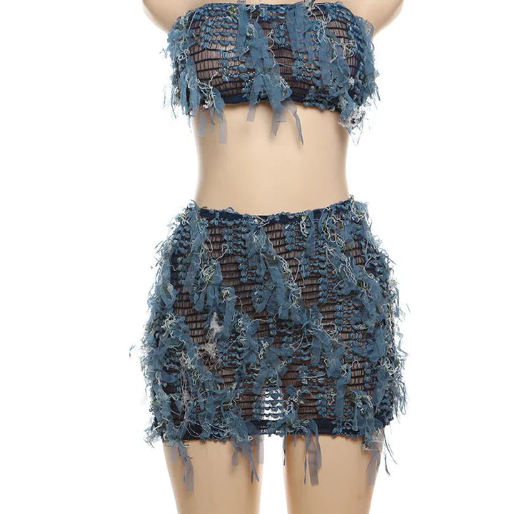 kliou Stacked Crochet 2 Piece Set Women Panelled Patchwork Wrapped Chest Crop Tanks+Sheer Slim Mini Skirts Female Street Outfits