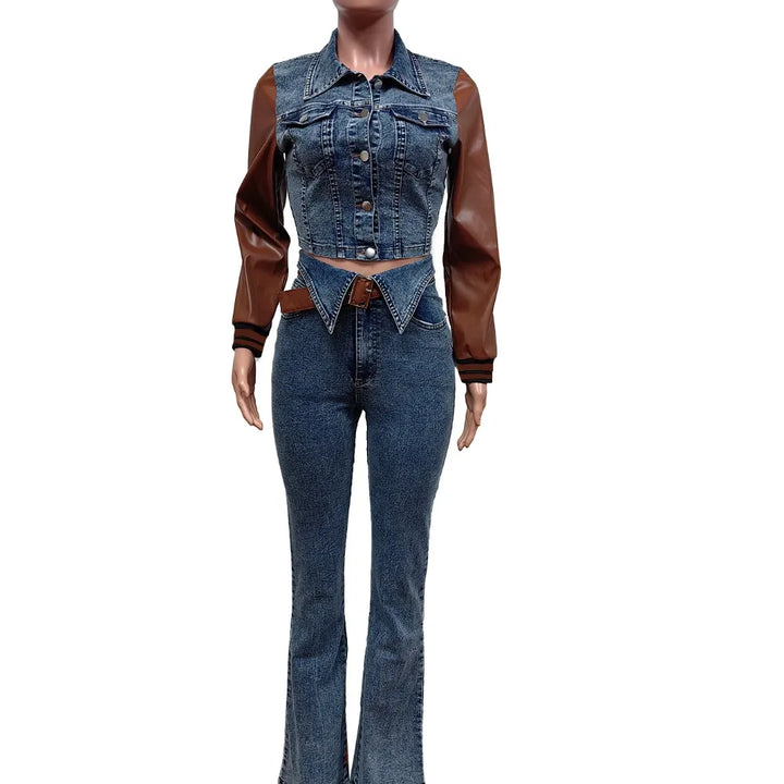 FAGADOER Retro Quality Denim Women 2 Piece Set Outfit Trendy Leather Denim Patchwork Crop Jacket And High Waist Jeans Suits New