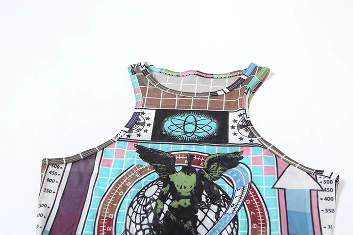 Weird Puss Aesthetic Print 2 Piece Set Women Sexy See Through Colorful Coquette Tank Tops+Pants Hipster Matching Clubwear Outfit