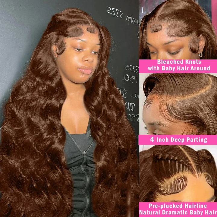 Body Wave Chocolate Brown Colored Human Hair Wigs 13X4 Transparent Lace Front Chestnut Brown Remy Hair Wigs 180% For Black Women