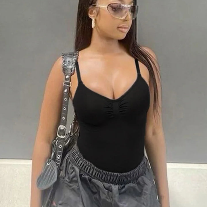 Sweetown Women's Sleeveless Skinny Shirring Bodysuit Spaghetti Strap Black Solid Simple Basic Sexy Camisole for Vacation