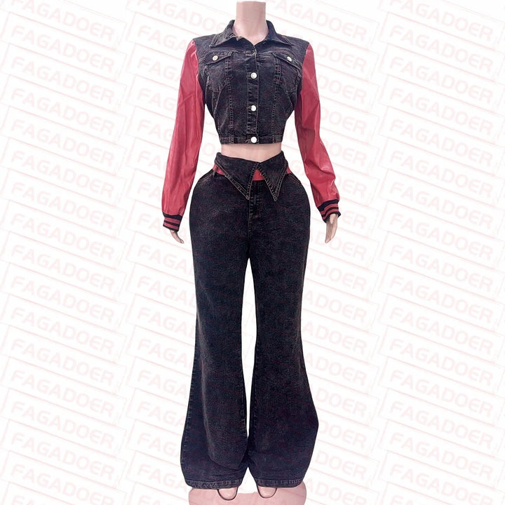 FAGADOER Retro Quality Denim Women 2 Piece Set Outfit Trendy Leather Denim Patchwork Crop Jacket And High Waist Jeans Suits New