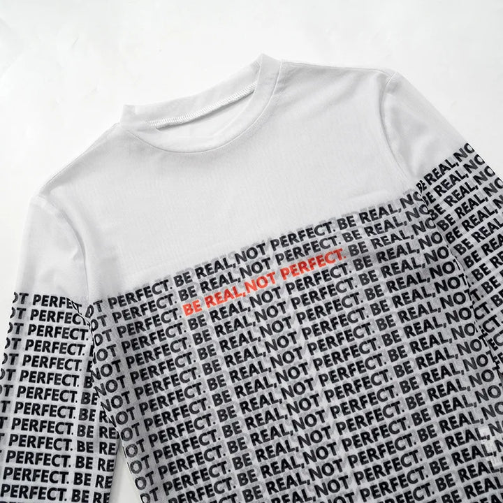 Letter Printed Mesh Transparent Women Panelled Newspaper Long Sleeve Round Neck T-Shirts