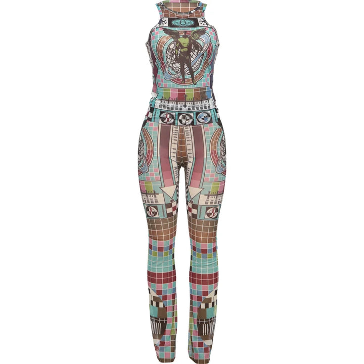 Weird Puss Aesthetic Print 2 Piece Set Women Sexy See Through Colorful Coquette Tank Tops+Pants Hipster Matching Clubwear Outfit