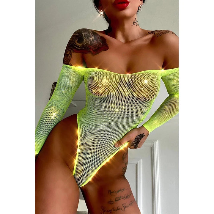 Women Rhinestone Glitter Bodysuit High Fishnet Tights Erotic Lingerie Y2k Sexy Tops One Piece Lingerie Erotic Body Rave Outfits
