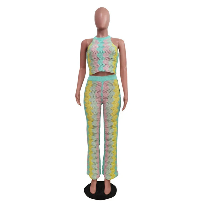 Knitted Striped 2 Piece Sets Women Outfit Summer Beach Vacation Sleeveless Crop Top and Flare Pants Matching Sets Club Party