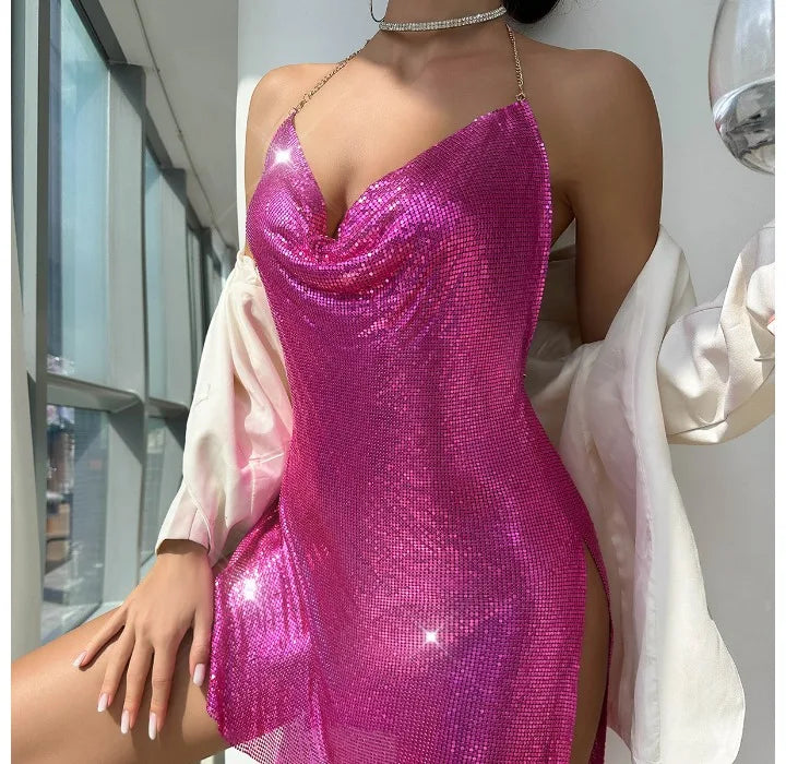 Summer Dress for Women 2024 Nightclub Backless Sequin Suspender V-neck Halter Neck Split Dresses Sleeveless Short Skirt Female